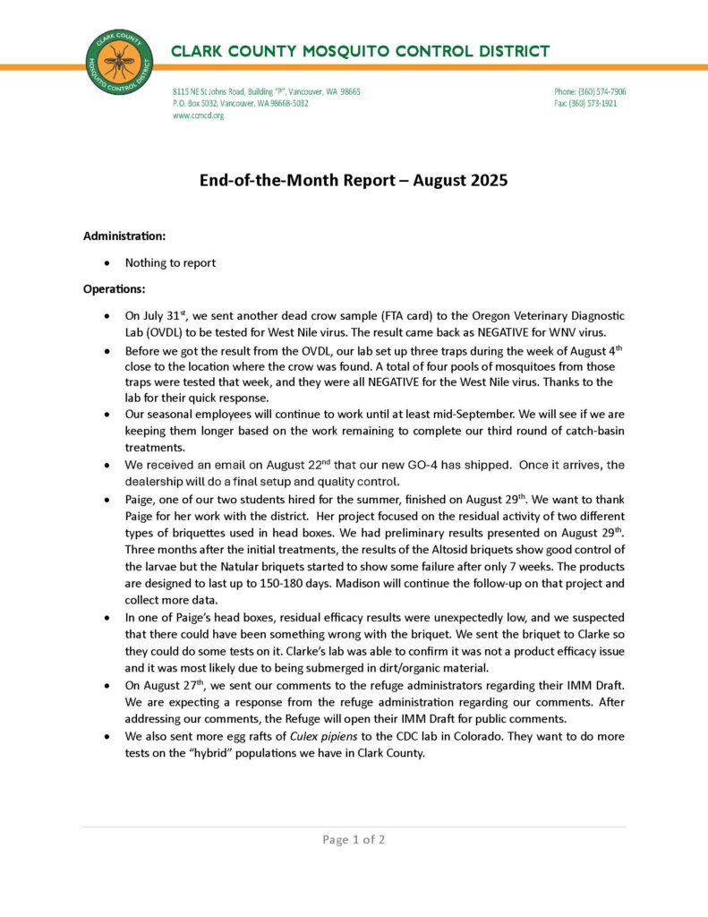 End of Month Report - August 2025 - Clark County Mosquito Control ...